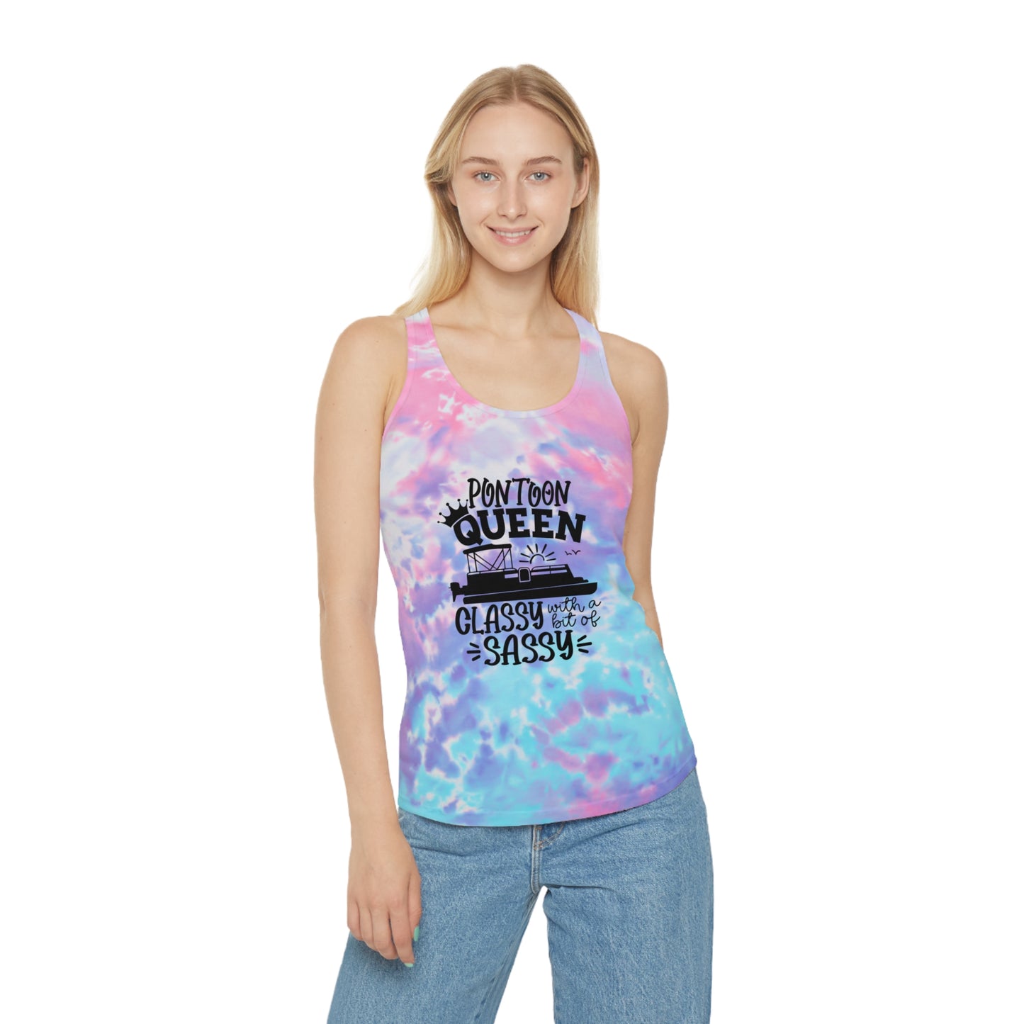 Pontoon Queen Tie Dye Racerback Tank Top | Classy & Sassy Summer Style | Perfect for Boating, Beach Days, Vacations, and Festivals