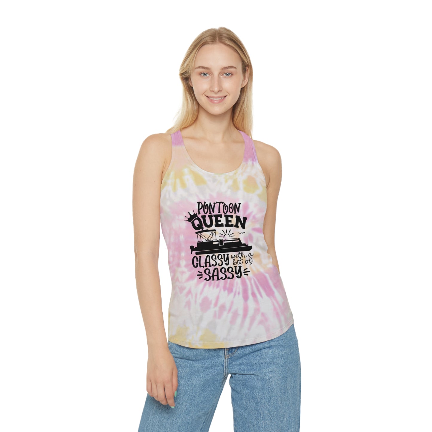 Pontoon Queen Tie Dye Racerback Tank Top | Classy & Sassy Summer Style | Perfect for Boating, Beach Days, Vacations, and Festivals