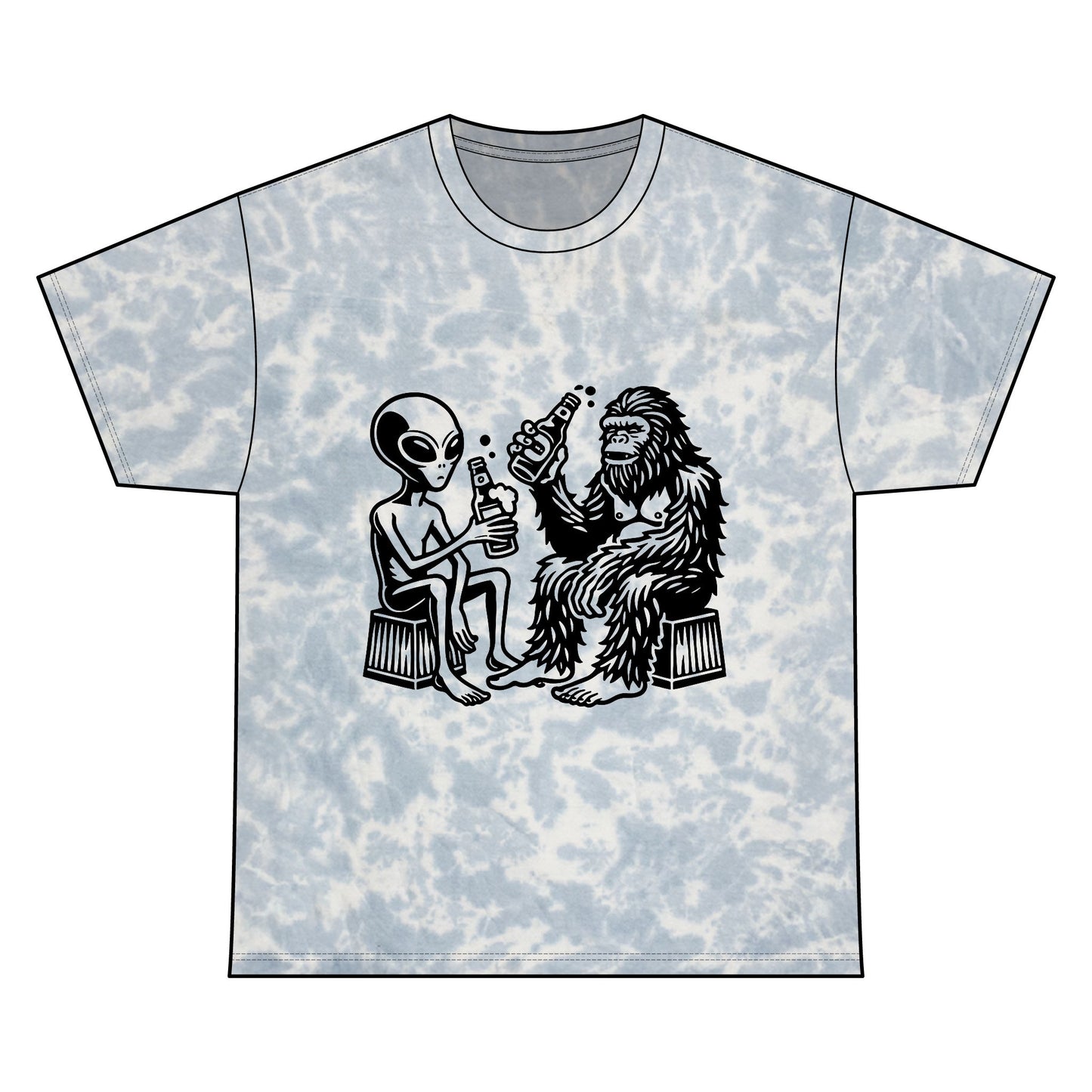 Retro Alien and Bigfoot Tie Dye Tee, Fun Unisex T-Shirt, Festival Wear, Unique Gift, Graphic Cotton Shirt, Summer Style