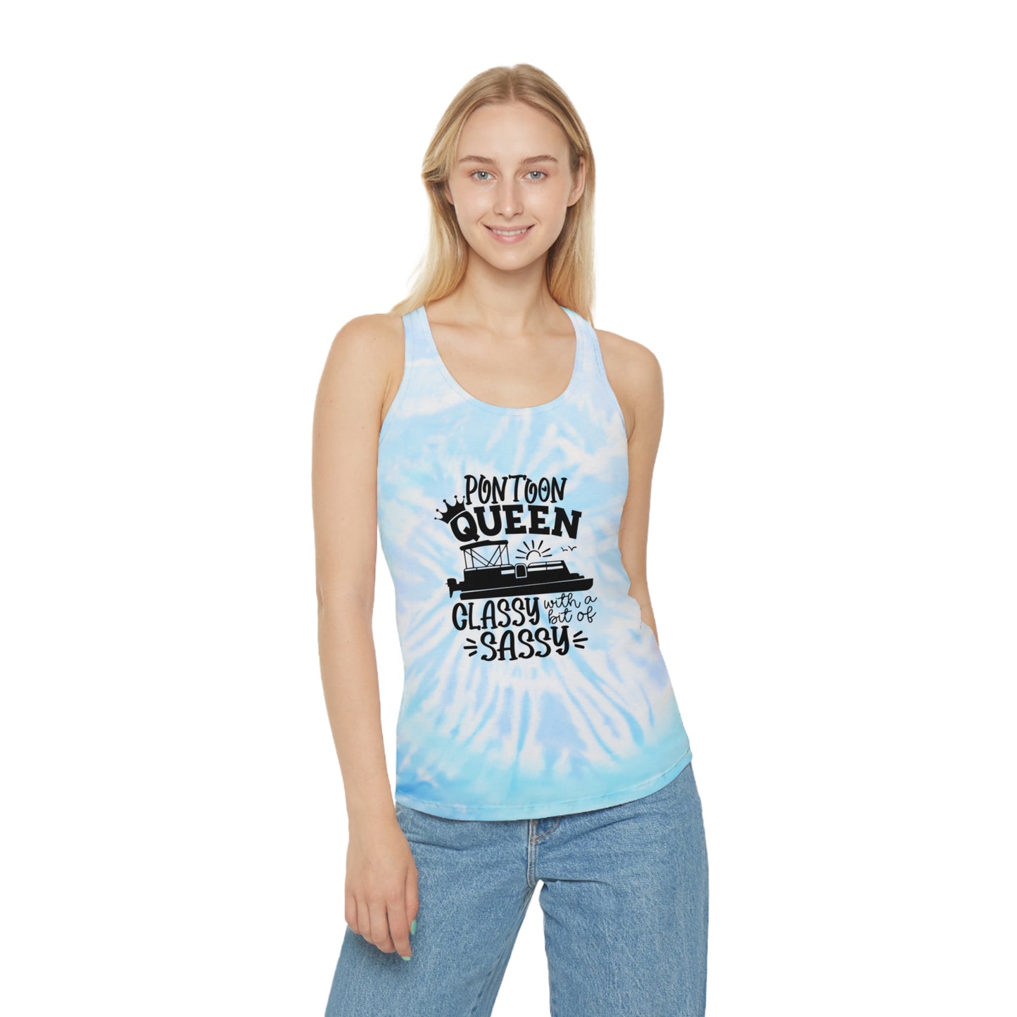 Pontoon Queen Tie Dye Racerback Tank Top | Classy & Sassy Summer Style | Perfect for Boating, Beach Days, Vacations, and Festivals