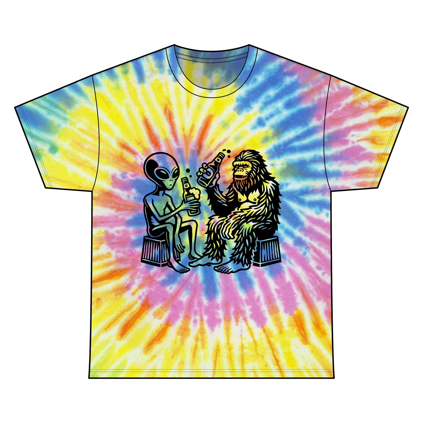 Retro Alien and Bigfoot Tie Dye Tee, Fun Unisex T-Shirt, Festival Wear, Unique Gift, Graphic Cotton Shirt, Summer Style