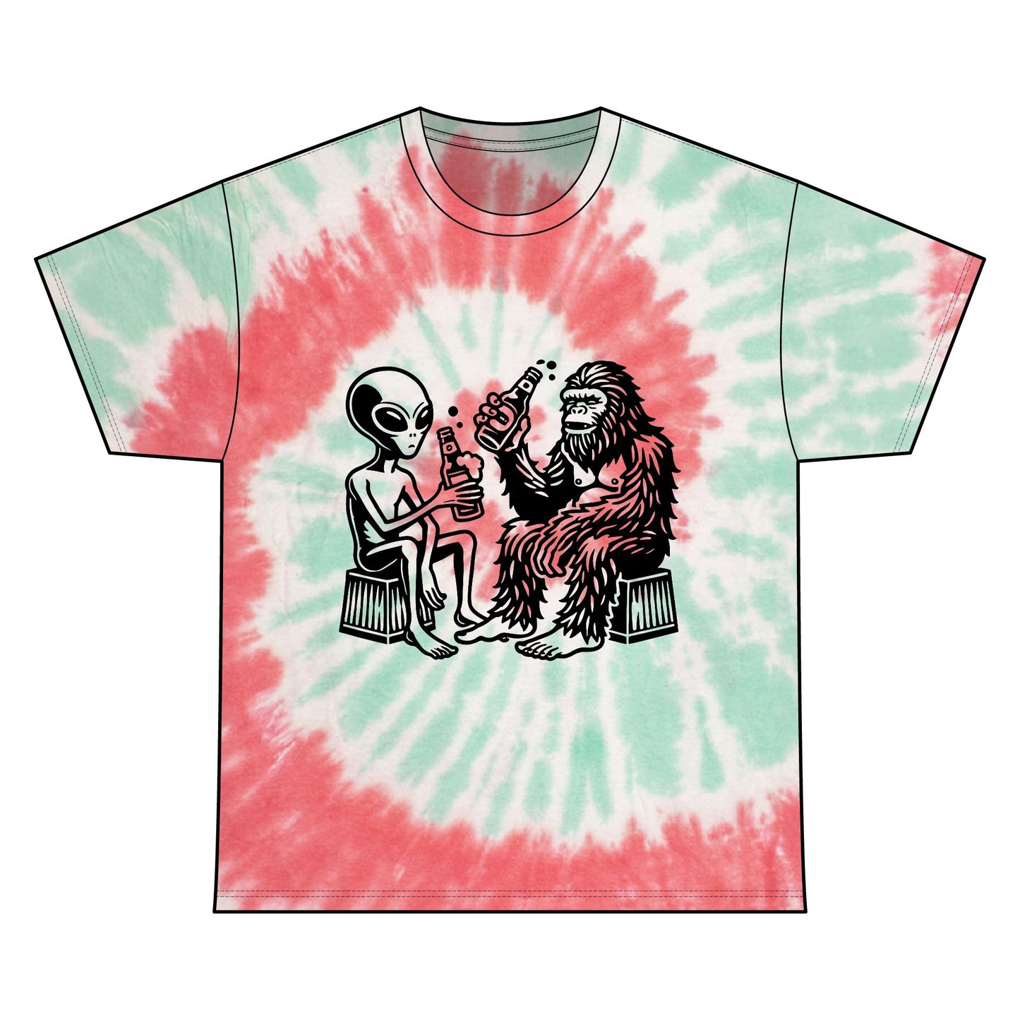 Retro Alien and Bigfoot Tie Dye Tee, Fun Unisex T-Shirt, Festival Wear, Unique Gift, Graphic Cotton Shirt, Summer Style