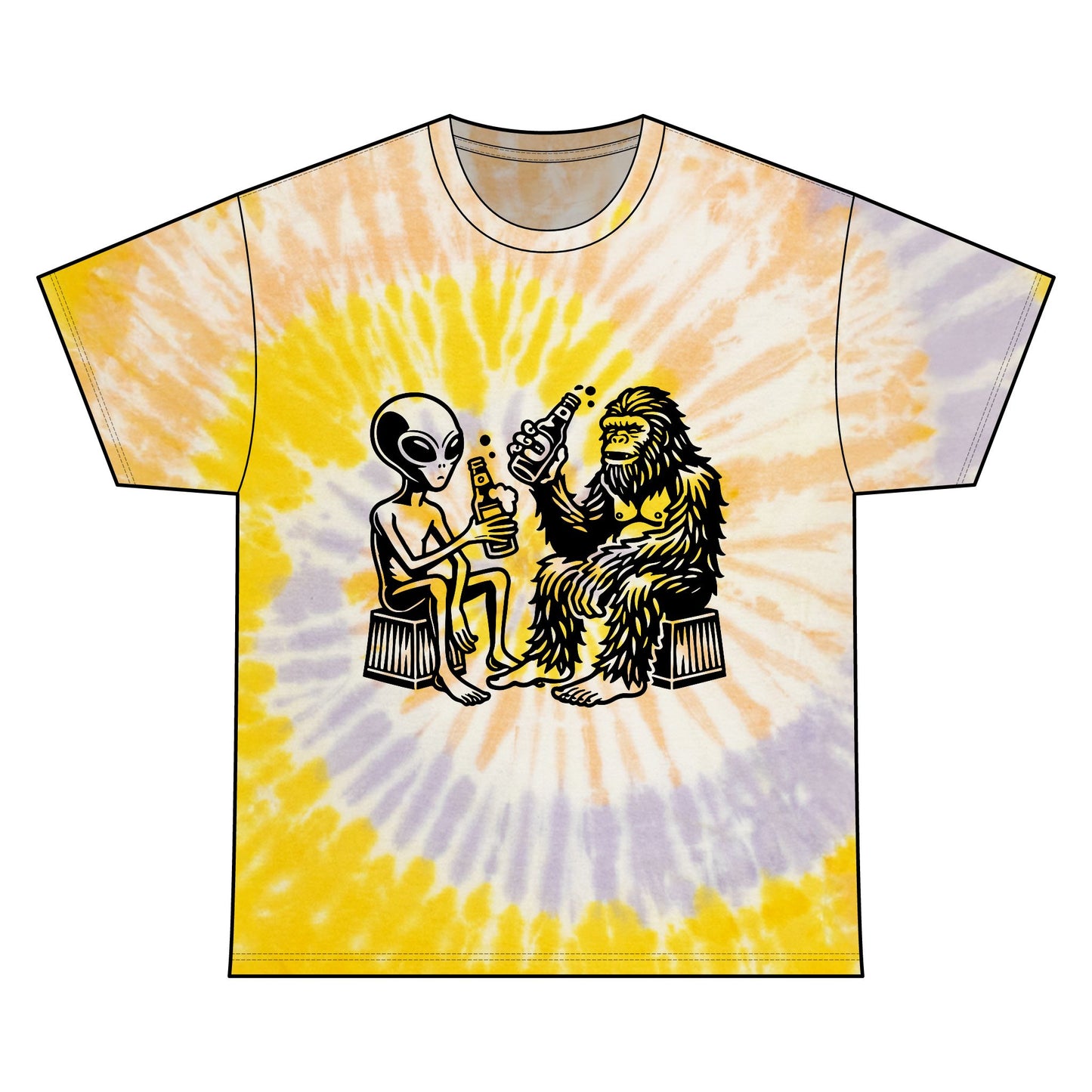 Retro Alien and Bigfoot Tie Dye Tee, Fun Unisex T-Shirt, Festival Wear, Unique Gift, Graphic Cotton Shirt, Summer Style