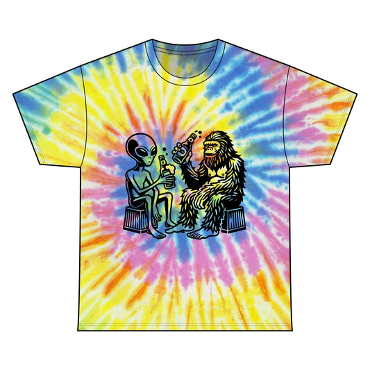 Retro Alien and Bigfoot Tie Dye Tee, Fun Unisex T-Shirt, Festival Wear, Unique Gift, Graphic Cotton Shirt, Summer Style